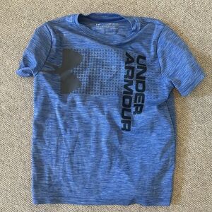 Boys size 8 quick dry tees - Under Armour Heather Blue Tee & New balance gray